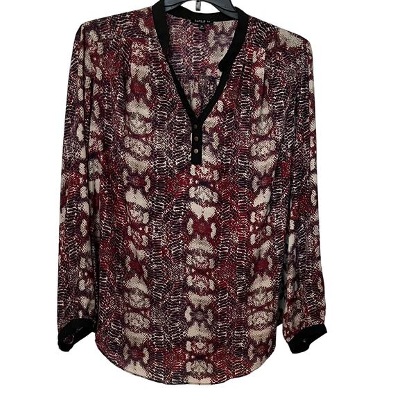 SAMI & JO LONG SLEEVE, V-NECK TUNIC BLOUSE, WOMANS, 2X, PURPLE RED TAN GEOMETRIC - Picture 1 of 10